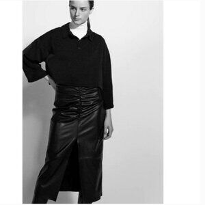 Zara Black Faux Leather Ruched Side Midi Skirt, NWT, S